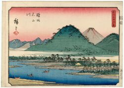 19th_century 2boys ando_hiroshige boat fine_art_parody gradient_sky highres japan mount_fuji mountain mountainous_horizon multiple_boys nihonga oar original outdoors parody red_sky reeds river rowboat rowing scenery sky thirty-six_views_of_mount_fuji_(hiroshige) traditional_media translation_request tree ukiyo-e volcano water watercraft