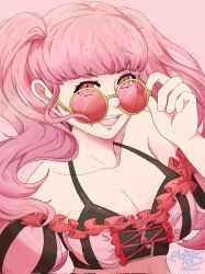 1girl bikini breasts cleavage fire_emblem fire_emblem:_three_houses fire_emblem_heroes highres hilda_valentine_goneril hilda_valentine_goneril_(summer) long_hair looking_at_viewer medium_breasts nintendo off-shoulder_bikini off_shoulder official_alternate_costume open_mouth pink-tinted_eyewear pink_bikini pink_eyes pink_hair platinum_ami smile solo striped_bikini striped_clothes sunglasses swimsuit tinted_eyewear twintails upper_body vertical-striped_bikini vertical-striped_clothes