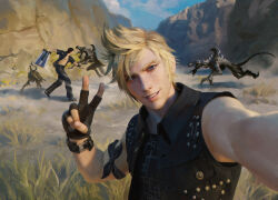 2boys absurdres billy_christian black_jacket blonde_hair fighting final_fantasy final_fantasy_xv fingerless_gloves gladiolus_amicitia gloves grass highres holding holding_sword holding_weapon jacket magic:_the_gathering male_focus monster multiple_boys official_art prompto_argentum realistic selfie sleeveless smile spiked_hair sword upper_body v weapon