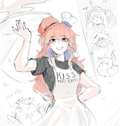 Rule 34 | 1girl, apron, artist self-insert, beret, black skirt, chef hat, earrings, english text, feather earrings, feathers, food, hat, highres, holding, holding food, holding pizza, holding plate, hololive, hololive english, jewelry, kfp, kfp employee (takanashi kiara), long hair, looking at viewer, lucesamaaa, multiple hats, nerissa ravencroft, orange hair, partially colored, pizza, pizza tower, plate, purple eyes, rabbit ears antenna, skirt, smol kiara, sparkle, takanashi kiara, television, virtual youtuber, white apron