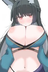 1girl animal_ear_fluff animal_ears black_hair blush breasts cleavage fox_ears haruka0814 highres hoshimi_miyabi huge_breasts long_hair looking_at_viewer navel nipples red_eyes simple_background solo sweat white_background zenless_zone_zero