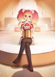 1boy 1girl :d absurdres bed bow box breasts brown_thighhighs christmas commentary crossed_legs dress english_commentary full_body gift gift_box green_hair highres holding holding_gift medium_breasts multicolored_hair no_shoes open_mouth pillow pink_hair pov purple_eyes red_bow red_dress second-party_source shadow sitting smile solo solo_focus stronny_cuttles thighhighs two-tone_hair vallure virtual_youtuber waltz_w_me