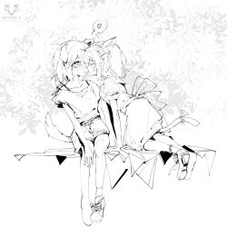 2girls animal_ears arthur_c bang_dream! bang_dream!_it&#039;s_mygo!!!!! cat_ears cat_girl cat_tail chinese_commentary commentary_request dog_ears dog_girl dog_tail dress greyscale heart highres kemonomimi_mode misumi_uika monochrome multiple_girls short_hair short_sleeves shorts sitting spoken_heart tail togawa_sakiko yuri