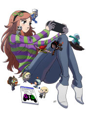 4chan 8chan black_headband brown_hair denim from_side gamergate handheld_game_console headband highres jeans knees_up kukuruyo long_hair looking_at_object pants playstation_vita sitting socks striped_clothes vivian_james white_background white_socks