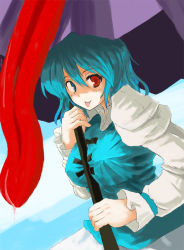 Rule 34 | 1girl, :p, bad id, bad pixiv id, blue eyes, blue hair, breasts, female focus, heterochromia, hokamichi, karakasa obake, large breasts, matching hair/eyes, oil-paper umbrella, red eyes, short hair, solo, taji (crowview), tatara kogasa, tongue, tongue out, touhou, umbrella
