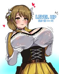 1girl absurdres black_corset breasts corset fire_emblem fire_emblem_engage goldmary_(fire_emblem) graysideart highres hooded_top large_breasts level_up looking_at_viewer low_ponytail nintendo ponytail ribbon skirt solo white_ribbon yellow_skirt