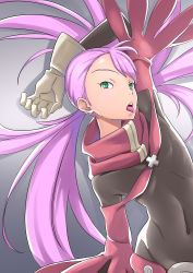 1girl absurdres aqua_eyes arm_up beige_gloves black_bodysuit bodysuit covered_navel cynthia_lane flat_chest gloves gradient_background highres himuro_yukichiko long_hair open_mouth overman_king_gainer pink_hair solo teeth tongue tongue_out twintails very_long_hair
