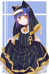 1girl animal_ear_headwear ankh bastet_lore blue_hair blush cat_girl emil_chronicle_online fake_animal_ears frilled_sleeves frills hair_ribbon highres lifting_own_clothes looking_at_viewer ribbon senji_jp yellow_eyes