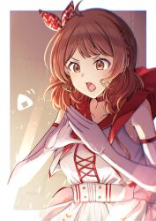 1girl ahoge bare_shoulders border bow breasts brown_background brown_eyes brown_hair choker collarbone dress earrings elbow_gloves flashing floating_clothes food food-themed_earrings food_print gakuen_idolmaster gloves gradient_background hair_bow hanami_ume highres idolmaster jewelry kusaka_io large_breasts looking_ahead looking_down lower_teeth_only motion_lines onigiri onigiri_print open_mouth print_bow red_bow red_choker red_trim solo teeth the_rolling_riceball_(idolmaster) upper_body v-shaped_eyebrows white_border white_dress white_gloves