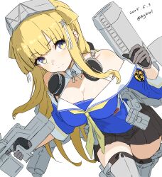 1girl absurdres bigkwl black_gloves black_skirt blonde_hair blue_shirt breasts double_bun fletcher_(kancolle) fletcher_mk_ii_(kancolle) gloves grey_gloves hair_bun hair_ornament headphones headphones_around_neck highres kantai_collection large_breasts long_hair looking_at_viewer miniskirt neckerchief off_shoulder pleated_skirt rigging sailor_collar school_uniform serafuku shirt skirt smokestack solo star_(symbol) star_hair_ornament two-tone_gloves white_sailor_collar yellow_neckerchief