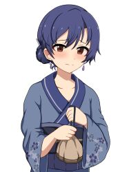 1girl absurdres bag blue_hair blue_kimono blush brown_eyes closed_mouth commentary earrings flat_chest floral_print floral_print_kimono hair_bun hair_ornament hair_stick hands_up highres holding holding_bag idolmaster idolmaster_(classic) japanese_clothes jewelry kimono kisaragi_chihaya long_sleeves looking_at_viewer milliani obi print_kimono sash simple_background single_hair_bun solo sweatdrop upper_body white_background wide_sleeves yukata