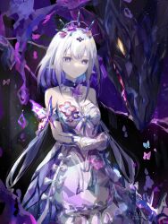 1girl bare_shoulders black_background black_tiara breasts butterfly_ornament castorice_(honkai:_star_rail) closed_mouth commentary dragon dress flower flower_ornament hair_flower hair_ornament highres honkai:_star_rail honkai_(series) long_hair luta_(luta_1013) medium_breasts pointy_ears purple_eyes purple_hair tiara white_dress