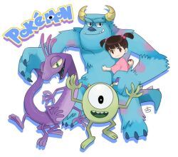 1girl 3boys animification boo_(monsters_inc.) colored_skin cyclops extra_legs green_eyes green_hair horns james_p._sullivan lizard_tail mike_wazowski monster monsters_inc. multiple_boys nintendo one-eyed open_mouth parody personification poke_ball pokemon purple_skin randall_boggs reptile_boy sharp_teeth short_hair smile tail teeth yokotn