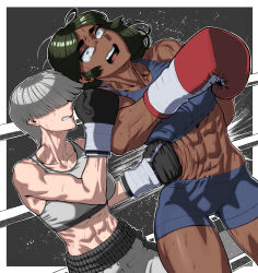 2girls bowl_cut boxing catfight collarbone dark_skin grey_hair grey_sports_bra highres multiple_girls muscular muscular_female original rggr sports_bra