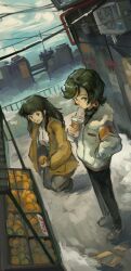 2girls absurdres air_conditioner black_hair building cup display_case disposable_cup dori_(zeroranger) drinking_straw electric_panel food fruit fur-trimmed_jacket fur_trim highres holding holding_cup holding_food holding_fruit jacket kornod long_hair medium_hair mido_(zeroranger) multiple_girls orange_(fruit) orange_jacket railing rooftop sign skyscraper white_jacket zeroranger