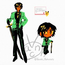 1girl black_gloves black_hair black_pants black_shirt black_shoes brown_eyes chibi closed_mouth collared_shirt dark-skinned_female dark_skin full_body glasses gloves green_jacket holding holding_sword holding_weapon jacket limbus_company limited_palette long_sleeves looking_at_viewer marshmallow_(site) multiple_views necktie outis_(project_moon) pants project_moon seven_association_south_uniform shirt shoes short_hair simple_background solo standing sword vancho_vakurets weapon white_background yellow_necktie