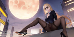 1girl black_pantyhose blazer blonde_hair breasts cityscape cleavage high_heels highres jacket large_breasts long_hair long_legs looking_at_viewer magic_xiang moon night night_sky no_panties original pantyhose pubic_hair pussy shoe_dangle sitting sky smile solo spread_legs sunglasses thighband_pantyhose thighs