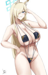 Rule 34 | 1girl, alternate costume, animal ears, armpits, bare shoulders, bikini, black bikini, blonde hair, blue archive, blue eyes, blush, breast press, breasts, breasts squeezed together, deep skin, eyepatch bikini, groin, halo, hand on own hip, highleg, highres, ibara azuki, kanna (blue archive), large breasts, long hair, looking at viewer, micro bikini, navel, revealing clothes, sex, sharp teeth, sideboob, simple background, skindentation, slingshot swimsuit, solo, standing, stomach, swimsuit, teeth, thighs, very long hair, white background