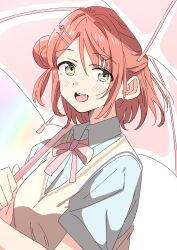 1girl :d bien_(djpwjd1) blue_shirt blush collared_shirt commentary dress_shirt green_eyes hair_bun hair_intakes hair_ornament hairpin half_updo highres holding holding_umbrella looking_at_viewer love_live! love_live!_nijigasaki_high_school_idol_club medium_hair neck_ribbon nijigasaki_school_uniform open_mouth pink_hair pink_ribbon pink_umbrella rainbow ribbon school_uniform shirt short_sleeves single_side_bun smile solo summer_uniform sweater_vest symbol-only_commentary uehara_ayumu umbrella umbrella_over_shoulder upper_body yellow_sweater_vest
