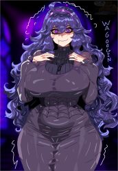 blush breasts dress hex_maniac_(pokemon) highres large_breasts long_hair long_sleeves nintendo non-web_source pokemon pokemon_xy purple_dress purple_eyes purple_hair thick_thighs thighs tight_clothes tight_dress trembling wagoogin watermark wide_hips
