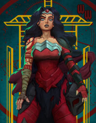 1girl absolute_dc absolute_wonder_woman arm_tattoo bare_shoulders black_hair blue_eyes dc_comics highres long_hair looking_at_viewer red_tattoo solo sullivanwuzhere tattoo tiara wonder_woman