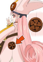 1girl arrow_(symbol) bag electric_fan fate/grand_order fate_(series) from_side grin habetrot_(fate) hat hirai_yukio long_hair pink_eyes pink_hair pink_hat pointy_ears satchel smile teeth v white_background