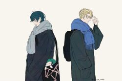 Rule 34 | 2boys, alternate costume, arm up, bag, black coat, blonde hair, blue scarf, character doll, closed mouth, coat, commentary request, contemporary, curtained hair, dimitri alexandre blaiddyd, doll, fire emblem, fire emblem: three houses, from side, frown, green hair, grey background, grey scarf, hand in pocket, highres, long sleeves, looking ahead, male byleth (fire emblem), male focus, multiple boys, nintendo, profile, scarf, short hair, shoulder bag, sibu85 maho, simple background, sketch, smile, sothis (fire emblem), twitter username