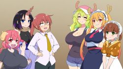 Rule 34 | 6+girls, absurdres, baseball cap, blonde hair, blue eyes, blue shirt, blush, breasts, brown hair, closed eyes, closed mouth, cru, dress, elma (maidragon), facing viewer, fang, glasses, gloves, gradient hair, green eyes, hat, highres, horns, ilulu (maidragon), kobayashi-san chi no maidragon, kobayashi (maidragon), large breasts, lucoa (maidragon), maid, maid headdress, multicolored hair, multiple girls, orange hair, pink eyes, pink hair, ponytail, red eyes, red hair, saikawa sanae, shirt, simple background, smile, standing, tohru (maidragon), white shirt