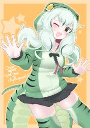 Rule 34 | 1girl, black bow, black bowtie, black skirt, blush, boomslang (kemono friends), bow, bowtie, cowboy shot, green eyes, green hair, green hoodie, green thighhighs, hair between eyes, highres, hood, hood up, hoodie, horns, kemono friends, long sleeves, miniskirt, multicolored hair, multicolored horns, one eye closed, open mouth, parsley (simonov1941), pleated skirt, print hoodie, print thighhighs, puffy sleeves, sidelocks, skirt, smile, snake girl, snake print, snake tail, solo, tail, thighhighs, waving, zettai ryouiki