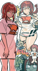 Rule 34 | 1boy, 2girls, absurdres, alternate costume, black necktie, blonde hair, blue jacket, braid, breasts, chainsaw man, collared shirt, denji (chainsaw man), finger gun, highres, horns, jacket, large breasts, long hair, makima (chainsaw man), margare, multiple girls, multiple views, necktie, open mouth, orange eyes, oversized clothes, oversized shirt, power (chainsaw man), red hair, ringed eyes, shaded face, shirt, short sleeves, simple background, single braid, smile, sweatdrop, t-shirt, taut clothes, taut shirt, white background