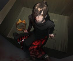 artist_name black_robe blood blood_on_arm blood_on_clothes blood_on_face blood_on_ground blood_on_hands brown_shoes crown dua_wpdbr eye_print hair_over_eyes highres jyu_viole_grace long_hair long_sleeves looking_at_viewer one_eye_covered original ponytail robe shoes signature sitting tower_of_god yellow_eyes