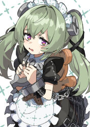 1girl animal_bag apron bear_bag black_dress black_nails chain commentary corin_wickes cuffs dress gazacy_(dai) green_hair hair_between_eyes highres long_hair looking_at_viewer maid maid_apron maid_headdress open_mouth puffy_short_sleeves puffy_sleeves purple_eyes screw_hair_ornament short_sleeves simple_background solo twintails white_apron white_background zenless_zone_zero