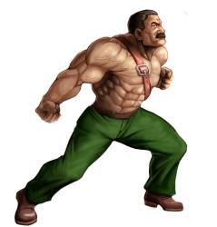 1boy abs belt brown_footwear capcom clenched_hand facial_hair fighting_stance final_fight full_body green_pants male_focus mike_haggar muscular mustache old old_man pants simple_background solo standing taka_(takahirokun) topless_male veins white_background