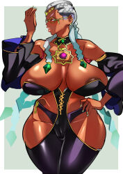 1girl bodypaint braid braided_ponytail breasts bursting_breasts cameltoe corset curvy dark-skinned_female dark_skin dolores_(kof) dress earrings female_focus glasses gold green_eyes hand_on_own_hip huge_breasts jewelry kemonono_(inchiki_dou) large_breasts leather long_hair looking_at_viewer multicolored_hair muscular muscular_female nipple_slip nipples panties purple_hair round_eyewear shiny_clothes shiny_skin the_king_of_fighters thick_lips thick_thighs thighs two-tone_hair underwear white_hair wide_hips