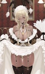 1girl absurdres alternate_costume animal_print azur_lane bare_shoulders black_gloves black_horns black_thighhighs blush braid breasts clothes_lift commentary cowboy_shot curled_horns dishwasher1910 dress dress_lift english_commentary garter_straps gloves gluteal_fold highres horn_ornament horns huge_breasts indoors leopard_print long_hair looking_at_viewer maid manjuu_(azur_lane) mole mole_under_mouth one_eye_closed owari_(azur_lane) panties parted_lips shiny_skin simple_background smile solo sweat thighhighs thighs twin_braids underwear white_background white_dress yellow_eyes