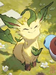 Rule 34 | arc draws, blush, closed mouth, flower, gen 1 pokemon, gen 4 pokemon, grass, highres, hose, leafeon, nintendo, no humans, outdoors, pokemon, pokemon (creature), shadow, sitting, smile, solo, squirtle, twitter username, water