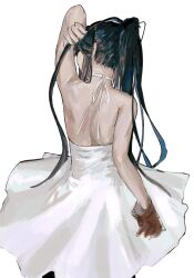 1girl adjusting_hair ashashio backless_dress backless_outfit bare_shoulders blue_hair brown_gloves dress facing_to_the_side feet_out_of_frame from_behind gloves hair_over_shoulder hand_up highres long_hair minato_hikaru nape ponytail simple_background single_glove sleeveless sleeveless_dress solo soukou_akki_muramasa standing white_background white_dress