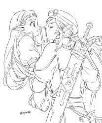 Rule 34 | 1boy, 1girl, beret, blush, book, carrying, closed eyes, ear blush, earrings, furrowed brow, greyscale, hair tie, hat, hetero, highres, holding, holding book, jacket, jewelry, juliet sleeves, lineart, link, long hair, long sleeves, low ponytail, master sword, medium hair, military hat, military jacket, military uniform, monochrome, nintendo, opleillle, pointy ears, ponytail, princess carry, princess zelda, puffy sleeves, royal guard set (zelda), sidelocks, sweatdrop, the legend of zelda, the legend of zelda: breath of the wild, twitter username, wavy mouth, weapon, weapon on back, white background