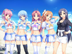 10s 5girls ahoge antenna_hair aoi_matsuri beach belt black_hair black_thighhighs blue_eyes blue_hair breasts business_suit choker cleavage day earrings formal_clothes frilled_legwear frills green_eyes hair_ornament hair_ribbon himuro_rikka hinata_hanabi jewelry koutaro long_hair medium_breasts midriff minazuki_izumi multiple_girls navel necklace ocean orange_hair outdoors pink_hair purple_eyes purple_hair red_eyes ribbon saotome_nagi short_shorts shorts skirt sky small_breasts suit thighhighs tropical_kiss very_long_hair waitress water white_thighhighs
