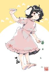 1girl :3 barefoot black_hair character_name clover dated dress floppy_ears four-leaf_clover full_body highres inaba_tewi kokechankokko medium_hair pink_dress rabbit_girl rabbit_tail red_eyes ribbon-trimmed_dress ribbon_trim short_sleeves signature solo tail touhou two-tone_background white_background yellow_background