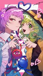 168namu3 2girls :3 absurdres black_hairband black_hat blue_shirt bow buttons eyeball eyelashes frilled_sleeves frills green_eyes green_hair hairband hat heart heart_button heart_hands heart_hands_duo highres komeiji_koishi komeiji_satori looking_at_viewer looking_to_the_side medium_hair multiple_girls one_eye_closed outline pink_hair pink_outline purple_hair shirt short_hair siblings signature sisters smile third_eye touhou upper_body wavy_hair wide_sleeves yellow_bow yellow_shirt