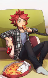 Rule 34 | 1boy, brown eyes, can, drink can, eating, food, holding, holding food, holding pizza, inazuma eleven (series), kokuro (kosyari), messy hair, nagumo haruya, pizza, red hair, shirt, socks, soda can