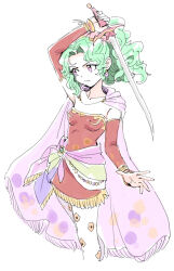 1girl breasts cape cowboy_shot dede_(qwea_00000) detached_sleeves dress earrings fighting_stance final_fantasy final_fantasy_vi floral_print furrowed_brow gold_trim green_hair hair_ribbon highres holding holding_sword holding_weapon jewelry long_hair medium_breasts pantyhose parted_bangs pink_cape pink_ribbon ponytail print_pantyhose purple_eyes red_dress red_sleeves ribbon sash short_dress sketch solo strapless strapless_dress sword tina_branford tube_dress waist_sash wavy_hair weapon white_background