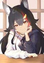 1girl absurdres animal_ear_fluff animal_ears arm_on_table black_choker black_hair black_hoodie blush choker closed_mouth double-parted_bangs flipped_hair hair_between_eyes hair_ornament hairclip hand_on_own_cheek hand_on_own_face head_rest highres hololive hood hoodie indoors kibodo_(kibo_dodesu) long_hair looking_at_viewer multicolored_hair official_alternate_costume ookami_mio ookami_mio_(casual) paw_print paw_print_pattern pov_across_table red_hair sidelocks sleeves_rolled_up smile solo spiked_hair streaked_hair two-tone_hoodie upper_body very_long_hair virtual_youtuber white_hoodie wolf_ears yellow_eyes