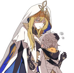 Rule 34 | 1boy, 1girl, albedo (genshin impact), black dress, black gloves, black jacket, blonde hair, breast press, brown hair, capelet, dress, genshin impact, gloves, green eyes, jacket, long hair, looking at viewer, multicolored jacket, rhinedottir (genshin impact), satorigame, short hair, simple background, two-sided veil, two-tone jacket, two-tone veil, upper body, veil, white background, white capelet, white jacket, white veil