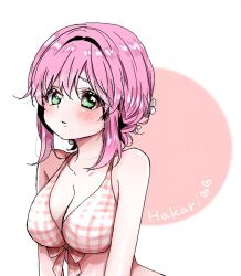 1girl bikini blush bow bow_bikini breasts character_name cleavage collarbone flower green_eyes hair_between_eyes hair_bun hair_flower hair_intakes hair_ornament hanazono_hakari heart kimi_no_koto_ga_dai_dai_dai_dai_daisuki_na_100-nin_no_kanojo large_breasts looking_at_viewer parted_bangs parted_lips pink_background pink_bikini pink_hair plaid_bikini plaid_clothes puckered_lips raised_eyebrows sidelocks simple_background single_hair_bun solo swimsuit upper_body white_background white_flower yumenobetsu