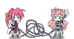 Rule 34 | 2girls, chibi, crossover, gdgdxd96, jitome, laevatein (nanoha), lyrical nanoha, magical girl, maria cadenzavna eve, multiple girls, pink hair, ponytail, senki zesshou symphogear, signum, sweatdrop, weapon, weapon connection, whip sword