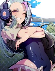 1girl absurdres arms_up blue_one-piece_swimsuit blush buttons clothes_lift collared_shirt covered_navel day forehead giant_penguin_(kemono_friends) grey_hair grey_shirt grin half-closed_eye headphones highres kemono_friends kemono_friends_3 lifting_own_clothes long_hair looking_at_viewer multicolored_hair one-piece_swimsuit one_eye_closed open_clothes open_fly outdoors pink_eyes pink_hair riri_(dgra3272) school_swimsuit shiny_clothes shirt shirt_lift short_eyebrows smile solo swimsuit three_quarter_view unbuttoned undressing upper_body v-shaped_eyebrows very_long_hair wing_collar