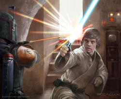 Rule 34 | 2boys, armor, artist name, blonde hair, blue eyes, blue lightsaber, boba fett, energy sword, helmet, highres, holding, holding sword, holding weapon, indoors, lightsaber, luke skywalker, multiple boys, paolo puggioni, short hair, star wars, sword, tatooine, tunic, weapon, white tunic