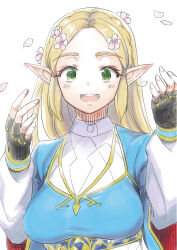 1girl black_gloves blonde_hair blue_dress breasts dress falling_petals fingerless_gloves flower gloves green_eyes hair_flower hair_ornament long_hair looking_at_viewer medium_breasts monbetsu_kuniharu nintendo petals pointy_ears princess_zelda simple_background solo teeth the_legend_of_zelda the_legend_of_zelda:_breath_of_the_wild upper_body upper_teeth_only white_background